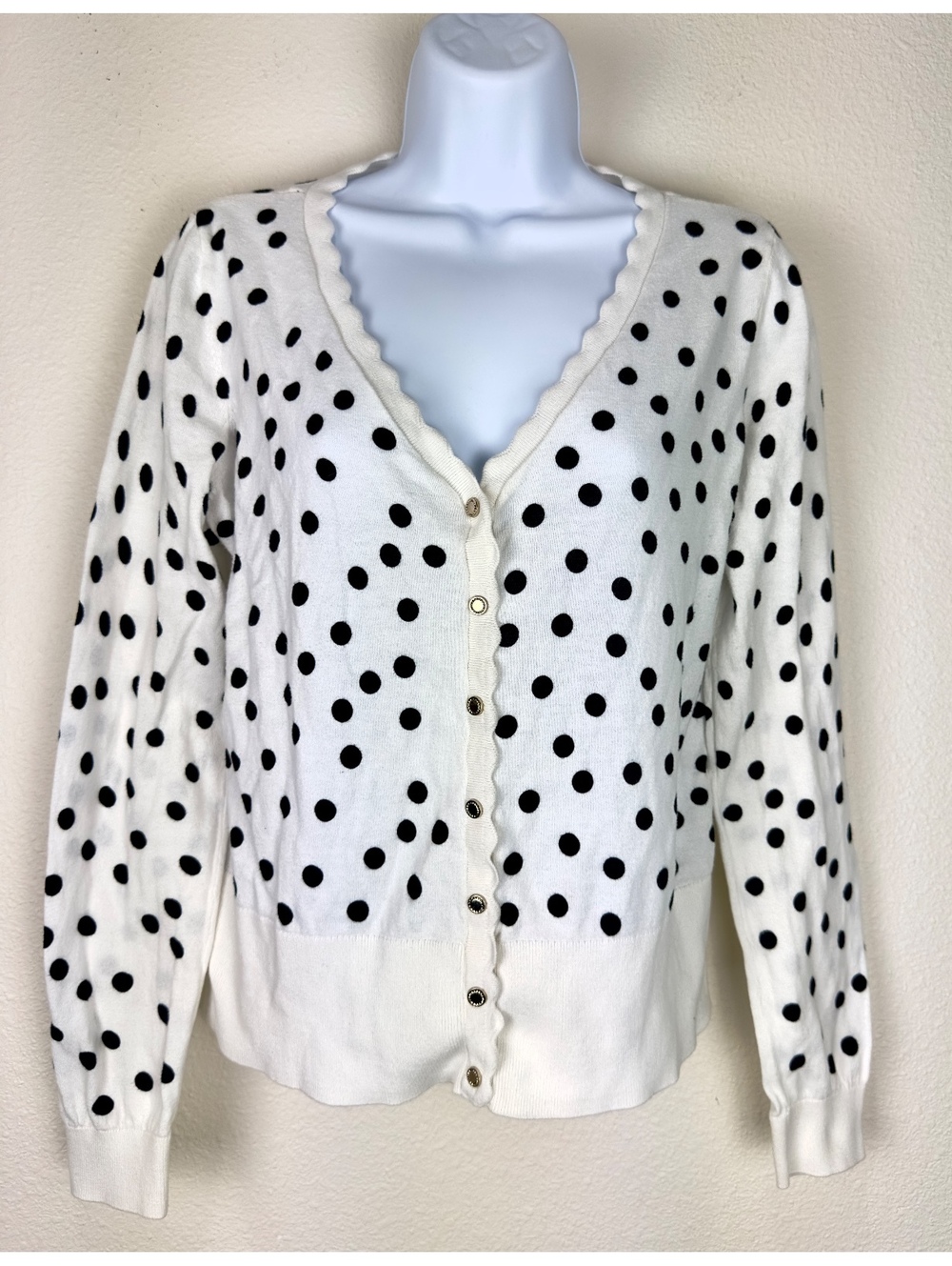 WHBM White House Black Market L Polka Dot Cardigan Sweater Black White